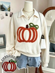 INAWLY Women's Pumpkin Embroidery Drop Shoulder Long Sleeve Casual Loose Sweatshirt - Apricot - View 1