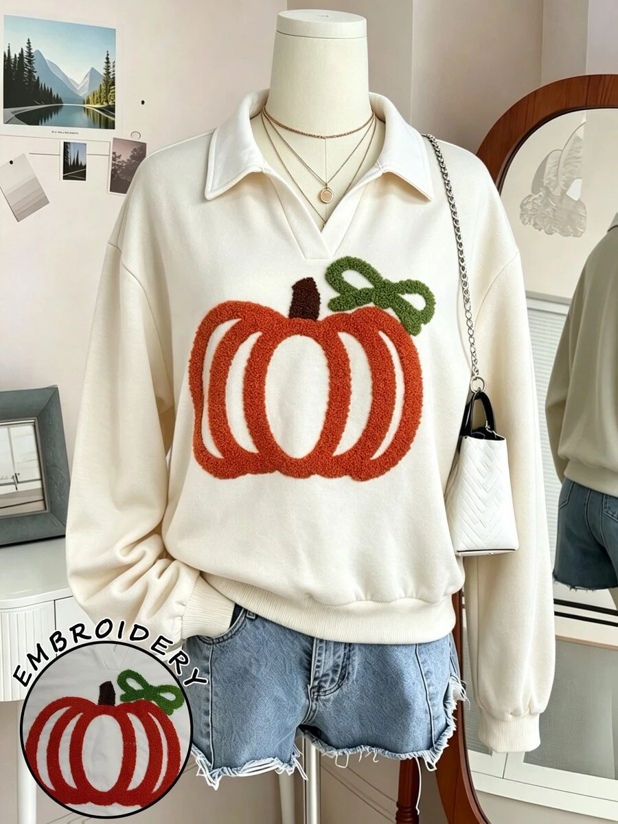 INAWLY Women's Pumpkin Embroidery Drop Shoulder Long Sleeve Casual Loose Sweatshirt - Apricot - View 1