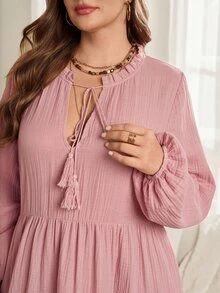 EMERY ROSE Plus Size Women's Solid Color Frill Trim Tassel Tie Neck Long Sleeve Dress - Dusty Pink - View 4