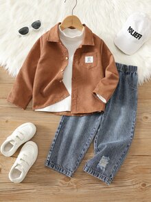SHEIN 3件套童裝男孩秋冬休閒穿搭組合，包含內層白色高領T恤、卡其色襯衫外套與牛仔長褲，三件式外衣套裝男孩套裝 - 彩色 - 查看 9
