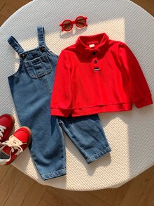 SHEIN 2件組嬰兒男孩女孩秋冬紅色 Polo 運動衫與牛仔吊帶褲套裝 嬰兒服飾運動衫套裝 牛仔套裝 - 彩色 - 查看 7