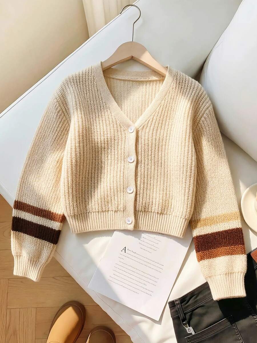Girls' Autumn/Winter Fashion Pattern Pique Striped Contrast Color Knit Cardigan Sweater Long Sleeve - Apricot - View 1