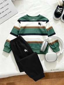 Genkimix Kids 2件組小男孩休閒運動學院風街頭可愛酷馬圖案條紋印花運動衫+長褲，適合日常穿著、上學、外出、運動，春秋季節穿著，為男孩提供多種搭配選擇，增加衣著組合多樣性，整體設計簡約優雅，舒適時尚 - 彩色 - 查看 3
