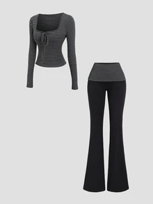 Sweetra Early Autumn Slim Fit Striped Square Neck Long Sleeve Top And Cropped Flare Pants 2 Pieces Set, Versatile Drapey Style - Black - View 1