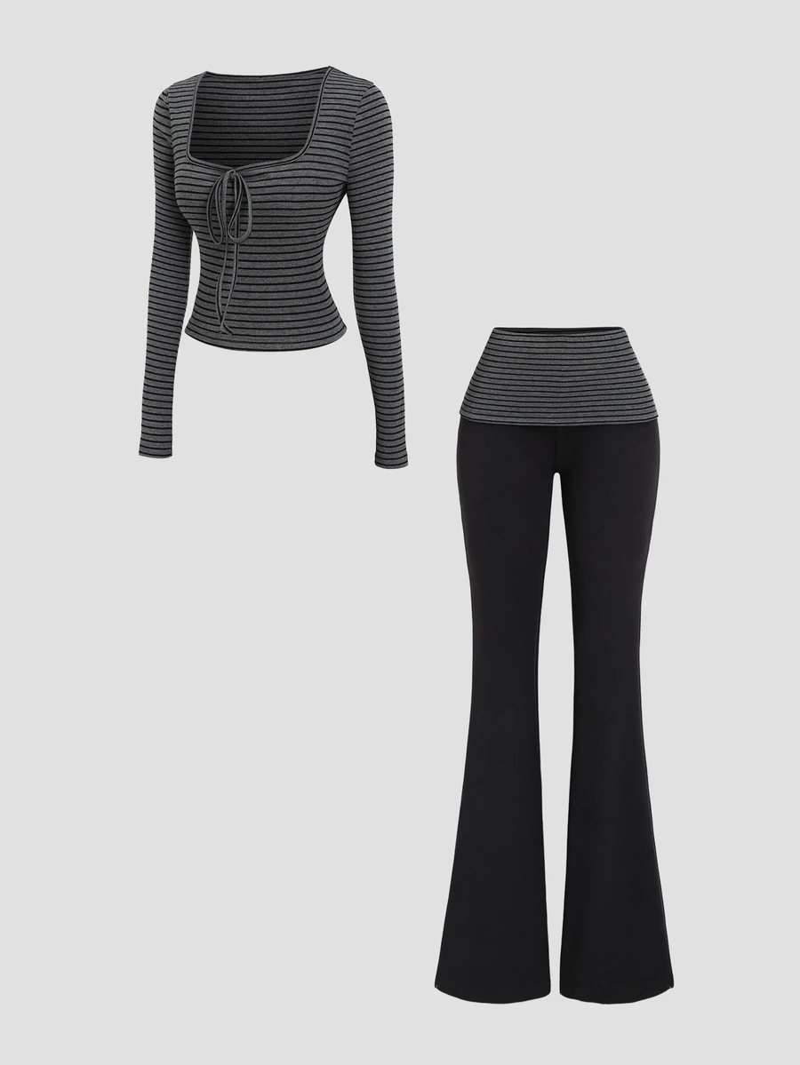 Sweetra Early Autumn Slim Fit Striped Square Neck Long Sleeve Top And Cropped Flare Pants 2 Pieces Set, Versatile Drapey Style - Black - View 1