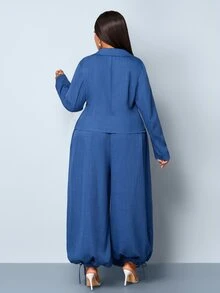 SOLERSUN Plus Size Elegant Button Long Sleeve Jacket And Loose Pleated Cuffed Pants Suit Set - Navy Blue - View 5