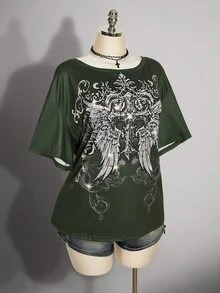 SHEIN CURVE+ 深綠色布料骷髏印花上衣，2026夏季常規大尺碼 22W 女款萬聖節服裝，適合夜晚外出、度假、Y2K、Kawaii、90年代風格 - 軍綠色 - 查看 4