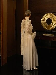 Strévra Women's Lace Long Sleeve Top And Skirt Fashion Two Pieces Set - White - View 3