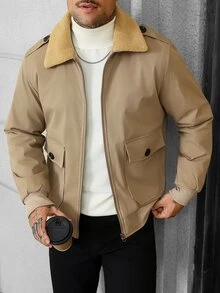 Manfinity CasualCool 男士羊羔毛領夾克，卡其色厚實保暖內裡工作夾克，修身版型，適合冬季通勤、街頭休閒穿著與度假 - 卡其色 - 查看 6