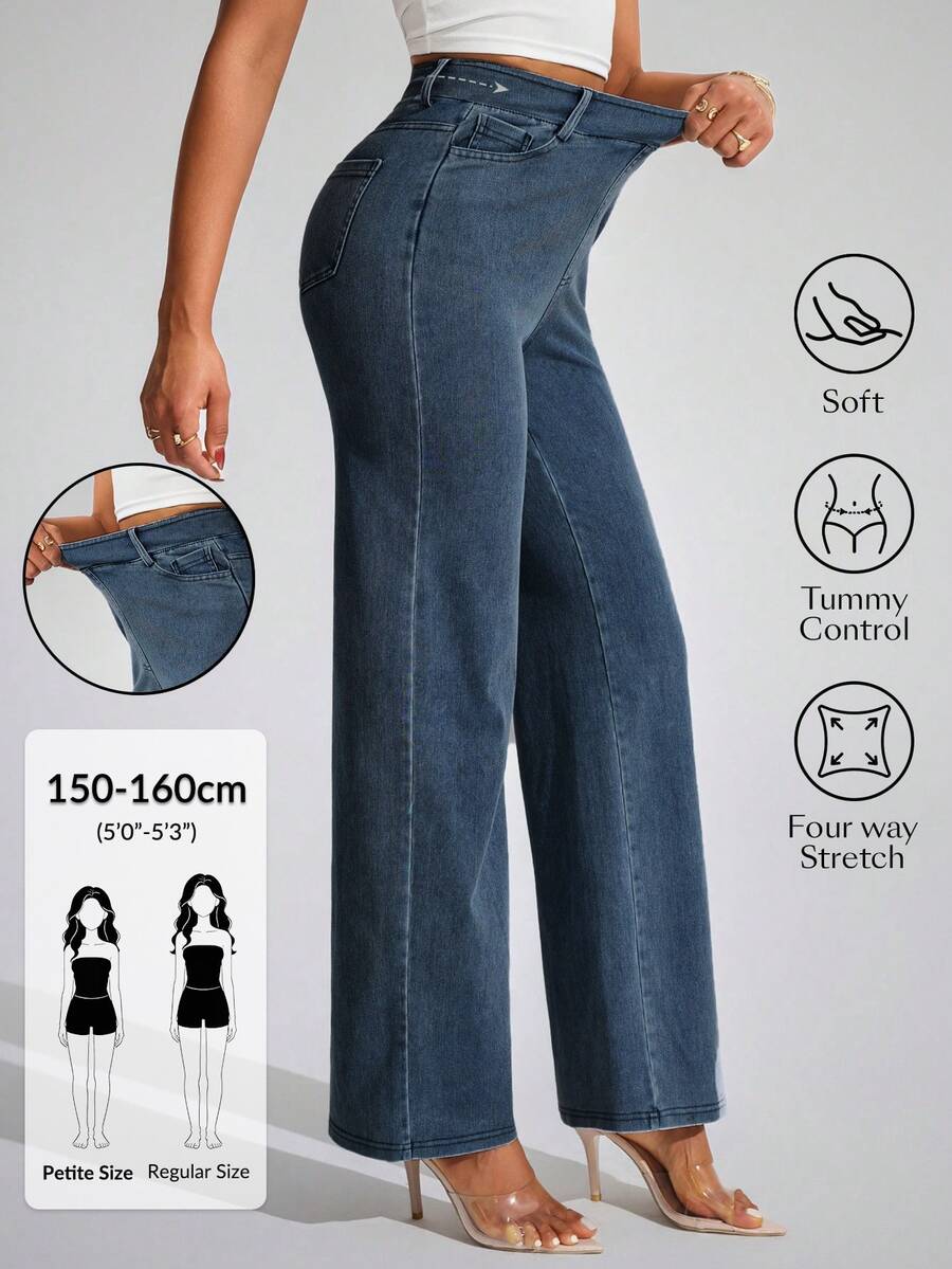 SHEIN PETITE بنطلون جينز نسائي كاجوال مطاطي بقصة ضيقة وساق مستقيمة، لجميع الفصول - ازرق ضبابي - مشاهدة 1
