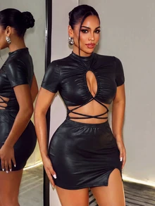 BamGleam Women's Solid Color PU Leather Hollow Cross Design Short Sleeve Sexy Dress Halloween Club Night Out Black Autumn Club Clothes Party Sexy Dress Concert - Black - View 7