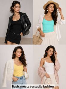 SHEIN BASICS 1件女款純色修身休閒細肩帶背心上衣 白色上衣 - 薄荷綠 - 查看 14