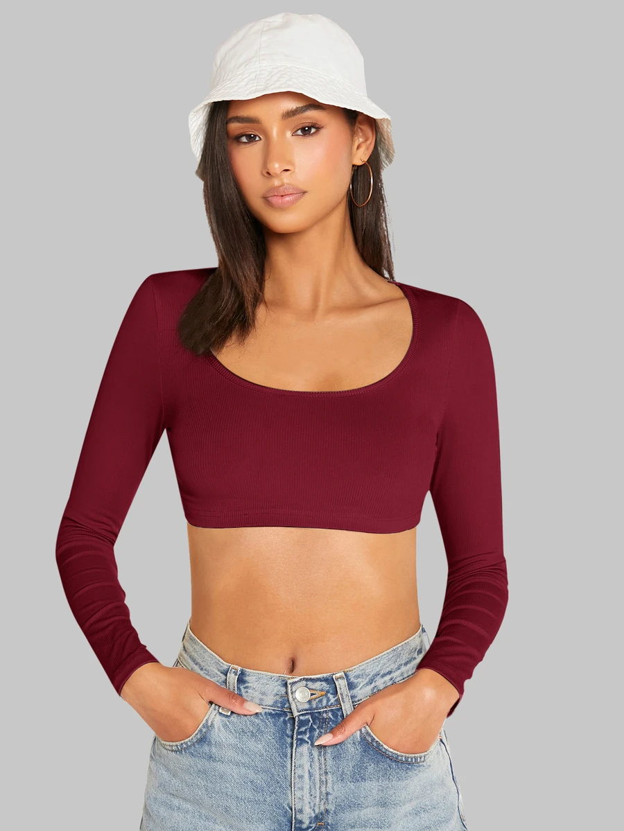 SHEIN BASICS 女款純色圓領長袖短版修身T恤上衣 白色上衣 - 酒紅色 - 查看 1