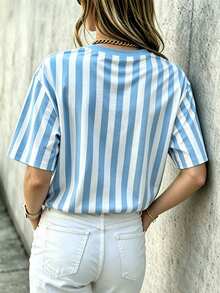 SHEIN LUNE Cute Striped Casual Short Sleeve Summer Women's T-Shirt With Letters - Baby Blue - View 2
