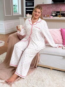 Slumberry CURVE Plus Size Women Heart Print Lapel Shell Trim Long Sleeve Pants Pajama Set - Pink - View 4