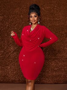 Maweii Plus Size Fitted Ruched Long Sleeve Bodycon Dress For Evening Party Cocktail Fall Red Elegant Sexy - Red - View 3