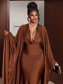 Maweii Gaun Duyung Bodycon Pas Badan Warna Cokelat Ukuran Plus dengan Kerah Model Cowl dan Selendang Panjang yang Serasi, Set 2 Potongan, Gaun Malam Ukuran Plus - Coklat - View 3