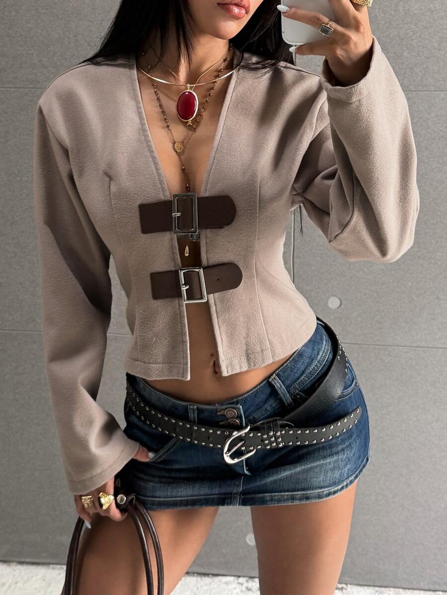 EgrlEra Sexy Hot Girl V-Neck Leather Buckle Decor Waist-Cinching Slimming Short Long Sleeve Wool - Light Grey - View 1