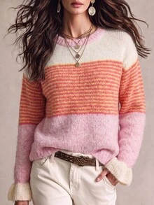 SHEIN 圓領拼接設計波浪袖套頭毛衣 - 彩色 - 查看 3
