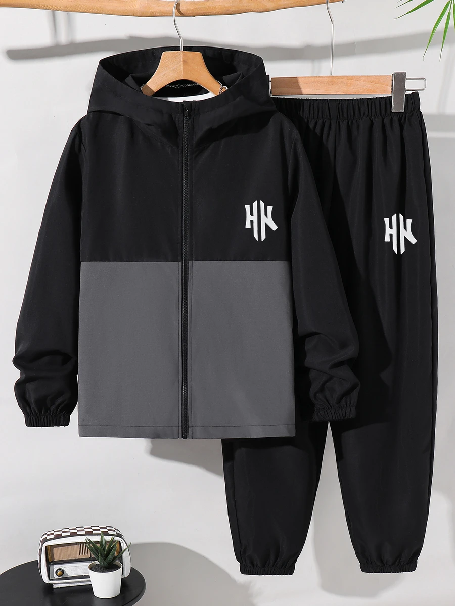 2pcs Kids Tween Boy Casual Sports Pattern Colorblock Hooded Jacket & Black Pants Set, Suitable For Autumn/Winter, Family Gathering, Back To School, Sports, Play, Birthday Party, Photo, Vacation, Holiday - Multicolor - View 1