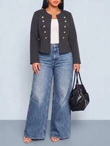 SOLERSUN Plus Size Short Military Style Jacket, Round Neck Double-Breasted Gold Buttons, Shoulder Epaulette Design, High Waist Cropped Top, Vintage Commuter Jacket - Dark Grey - View 6