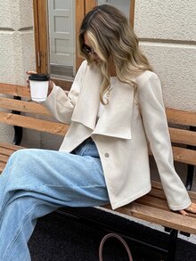 SHEIN LUNE Casual Commute Women's Wool Long Sleeve Autumn/Winter Solid Color Daily Basic Fashion Outwear Outfit - Apricot - View 3