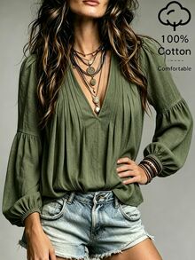 SHEIN Holidaya Cream White Washed Textured Fabric Deep V-Neck Double-Sided Multi-Pleated Shoulder Slight Petal Sleeve Patchwork Gathered Loose Lantern Mid-Sleeve A-Line Flared Blouse - Army Green - View 3
