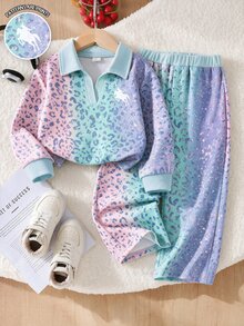 Young Girl Fashion Casual Leopard Print Horse Riding Print Lapel V-Neck Long Sleeve Sweatshirt & Leopard Print Wide Leg Pants Set, Soft Fabric, Suitable For Outings, Back To School, Autumn/Winter - Multicolor - View 6