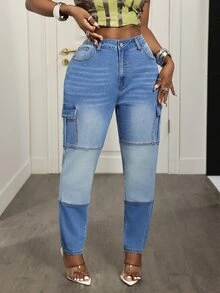 Slaydiva Plus Size Women's Cargo Pocket Casual Versatile Denim Jeans - Blue - View 4