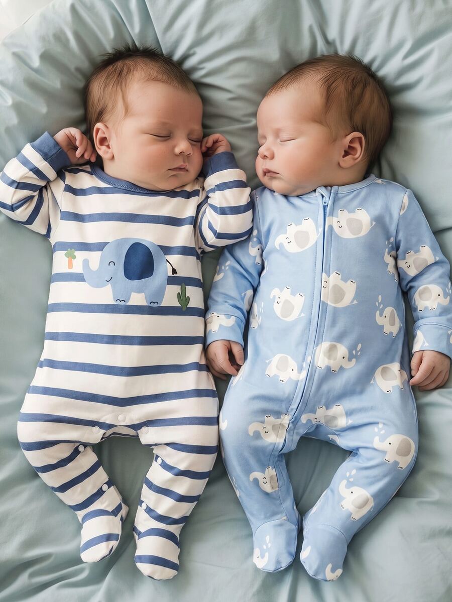 SHEIN Newborn Baby Boy Girl Cute Knitted Cartoon Pattern Long Sleeve Romper Loungewear - Blue - View 1
