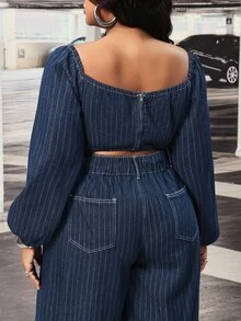 Slaydiva Randig långärmad kort denimtopp med veck för kvinnor i plus size, utan stretch - Mörktvätt - Visa 2