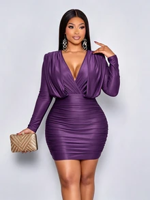 SOLERSUN Plus Size Women's Deep V-Neck Folded Shoulder Long Sleeve Ruched Waist Bodycon Mini Dress, Purple Elastic Slim Fit Halloween Party Dress Fall - Purple - View 5