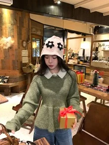 DAZY Women's Turn-Down Collar Long Sleeve Solid Color Sweater, Autumn/Winter - Mist Green - View 8