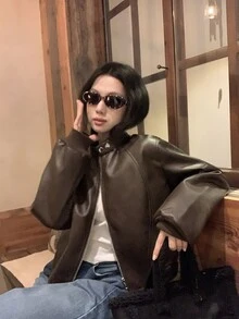 DAZY Women's Solid Color PU Leather Long Sleeve Zipper Front Casual Jacket - Black - View 6