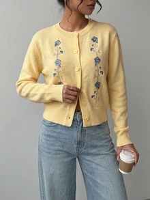 SHEIN Round Neck Short Embroidered Autumn/Winter Knit Cardigan Everyday Date Blue Floral Cottagecore Cute - Yellow - View 3