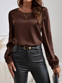 EMERY ROSE Women's Elegant Commuter Style Round Neck Long Sleeve Shirt - Brown - View 3