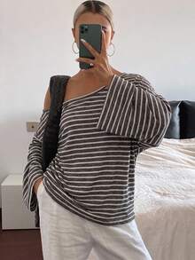 DAZY Women's Striped Asymmetrical Shoulder Loose Street Casual T-Shirt - Coffee Brown - View 7