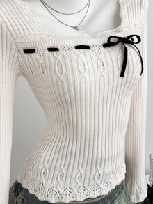 Elamini Women's Autumn/Winter Square Neck Lace Cable Knit Ribbed Texture Slim Fit Cute Bowknot Sweet Versatile Knit Sweater - Baby Pink - View 6