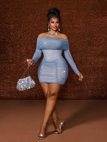 Maweii European Women's Plus Size French Style Tube Bandeau Design Mesh Fitted Sexy A-Line Bodycon Slimming Ruched Dress Fall - Grey - View 1