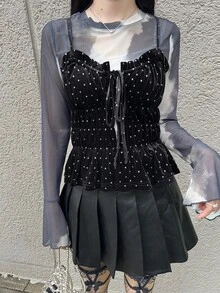 FRIFUL Women's Polka Dot Pleated Casual 90s Inspired Y2k Versatile Daily Wear Camisole Top Going Out Black And White Polka Dot Summer - Black - View 4