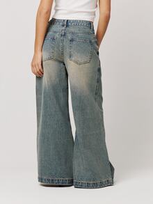 Musera Petite Wash Vintage Denim Baggy Oversized Knee Darts Jeans Autumn Winter Back To School Daily Everyday - Blue - View 3