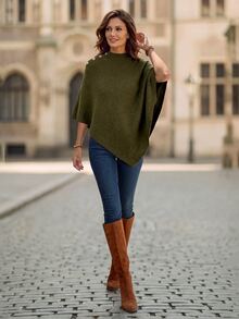 EMERY ROSE Sweater Wanita Model Poncho Lengan Kelelawar Kerah Tinggi dengan Detail Kancing Bahu, Pullover Rajut Longgar untuk Musim Gugur dan Musim Dingin - Hijau - View 8