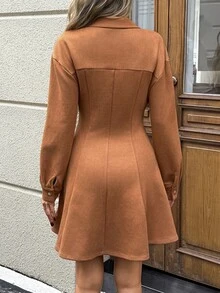 SHEIN LUNE Casual Women's Autumn/Winter Button-Down Shirt Dress Fall 2026 Clothes Work Brunch Shades Of Brown - Brown - View 4