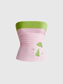 Sweetness 7-Star Ladybug Embroidered Hand-Sewn Button Fun Black Bandeau Split Top For Women - Baby Pink - View 3