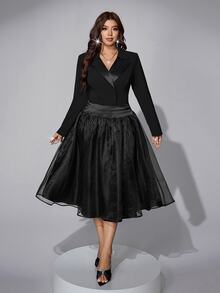 Viva Relle Plus Size Long Sleeve French Lapel Design Jacket And Long Skirt Suit Set - Black - View 2