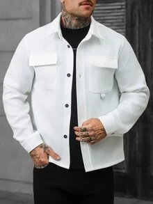 Manfinity Homme 男士純色羊毛混紡休閒長袖夾克，適合秋冬穿著，米色鈕扣開襟夾克 - 白色 - 查看 6