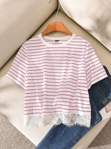 Story & Sage 休閒浪漫居家度假女款 T-shirt，春夏寬鬆紫色與白色拼接蕾絲飾邊短袖 T-shirt，適合早午餐穿著 - 淺粉色 - 查看 3