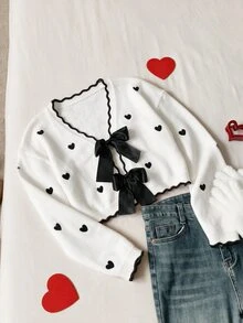 Comfortcana Winter Spring Valentine's Day Date Night Butterfly Heart Bow Front Open Wool Cardigan Ruffle Trim Short Sweater White - Black and White - View 5