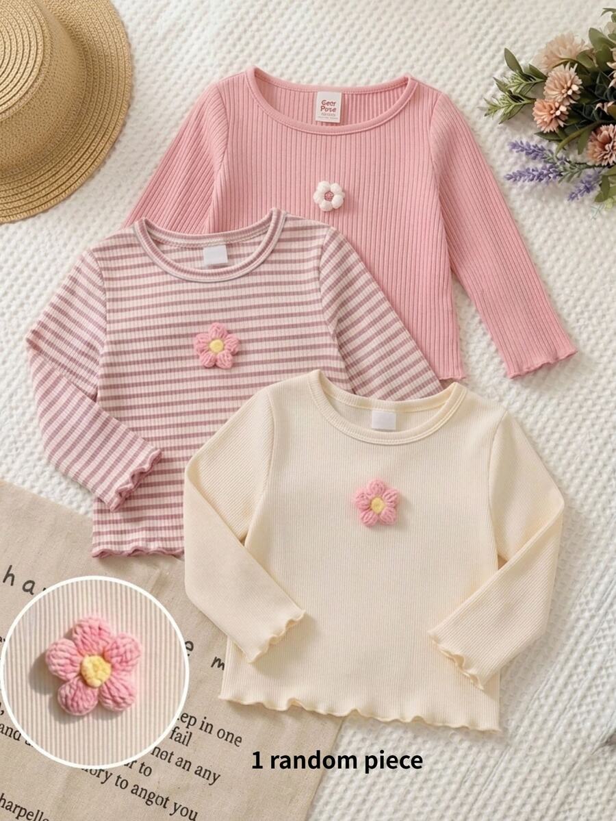 Cozy Pixies Baby Girl Knit Solid Color 3D Floral Round Neck Casual T-Shirt Top - Beige - View 1
