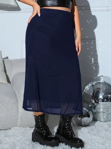 SHEIN EZwear تنورة زرقاء داكنة بمقاسات كبيرة للعطلات والسفر في فصل الخريف - أزرق بحري - مشاهدة 6